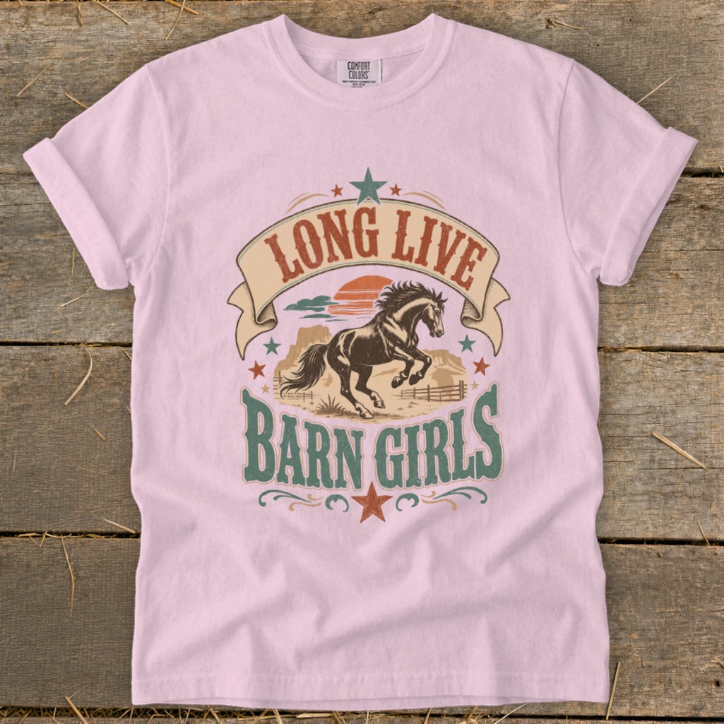 Pink t-shirt with "Long Live Barn Girls" graphic featuring a running horse and sunset.