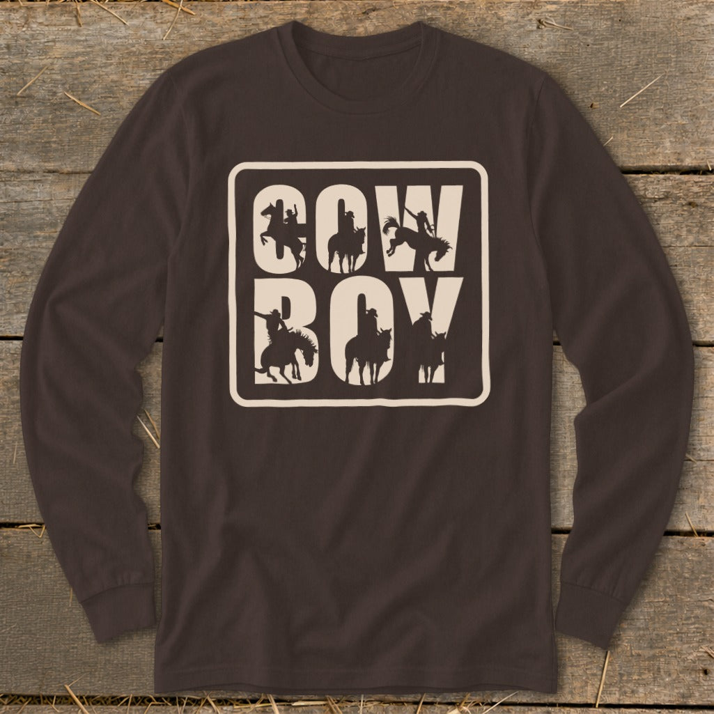 Long sleeve brown shirt with "COW BOY" text and cowboy silhouette graphics.