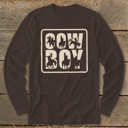 Long sleeve brown shirt with "COW BOY" text and cowboy silhouette graphics.