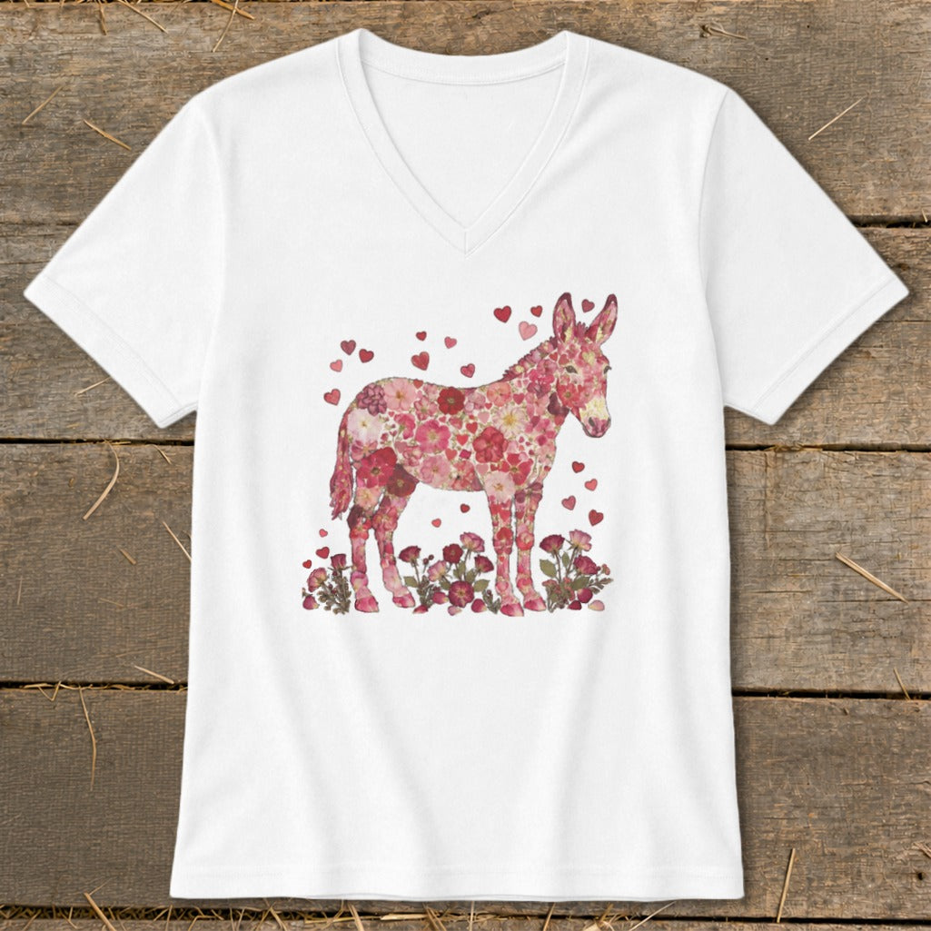 White v-neck t-shirt with a floral donkey and pink hearts design.