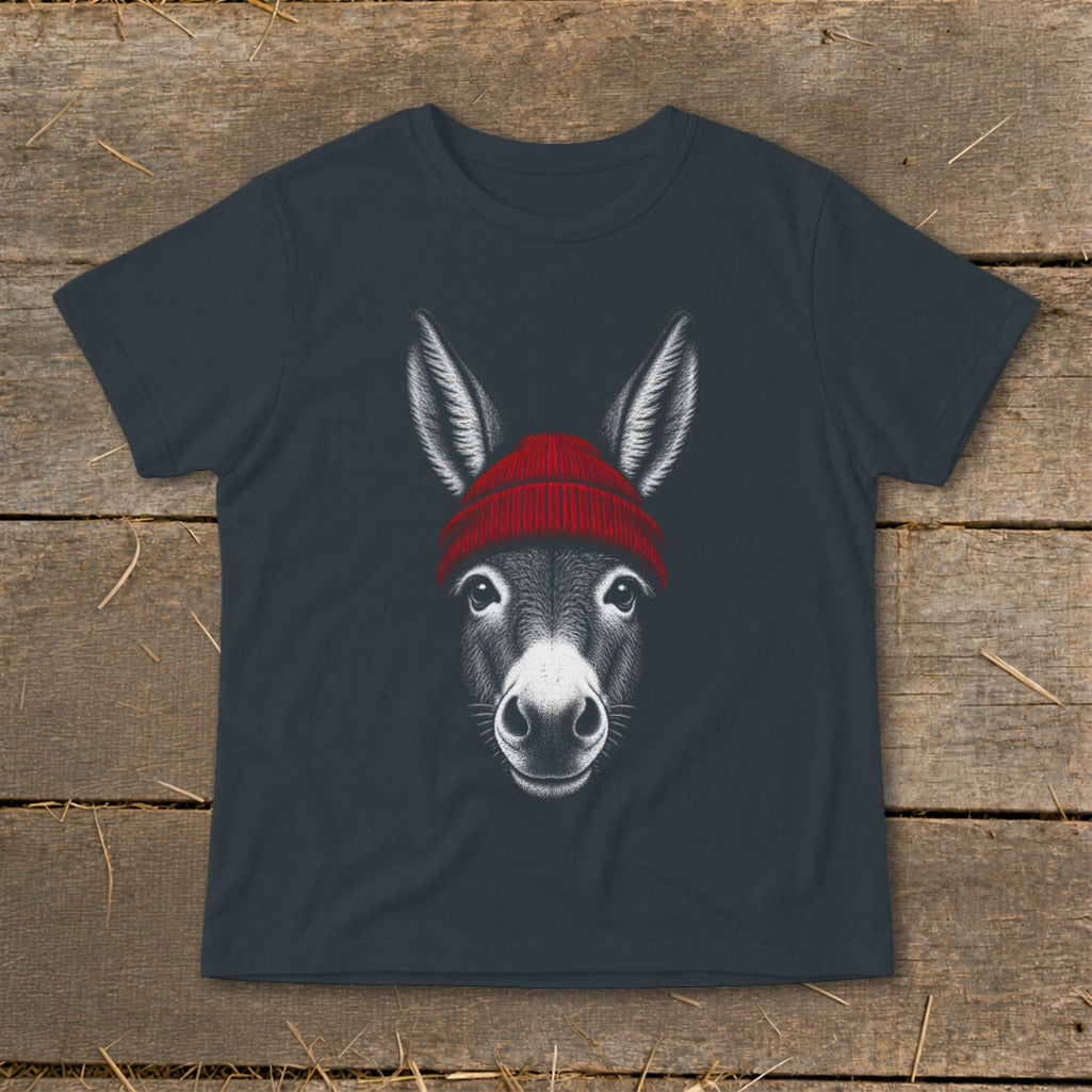 A dark gray t-shirt featuring a detailed white illustration of a donkey wearing a red beanie.