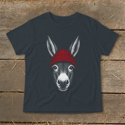 A dark gray t-shirt featuring a detailed white illustration of a donkey wearing a red beanie.