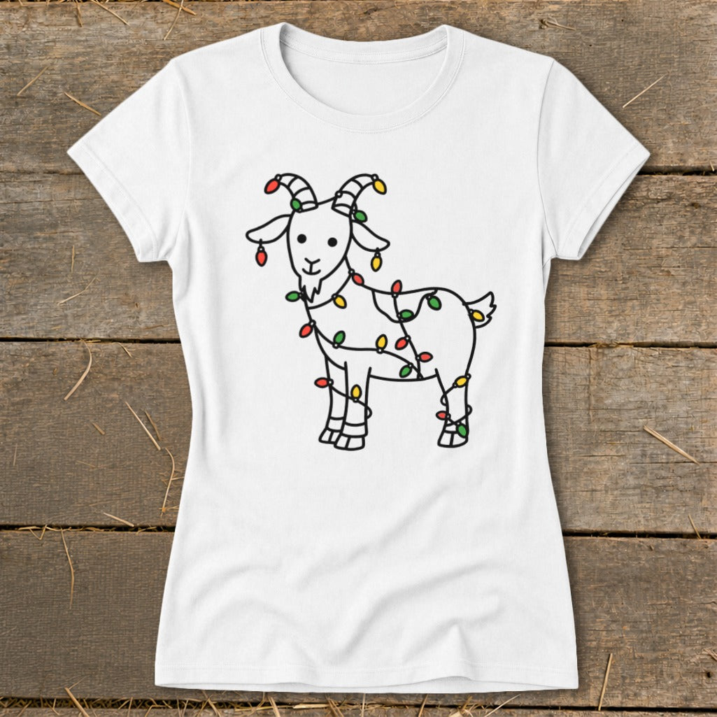 White t-shirt with cartoon goat wrapped in colorful Christmas lights.