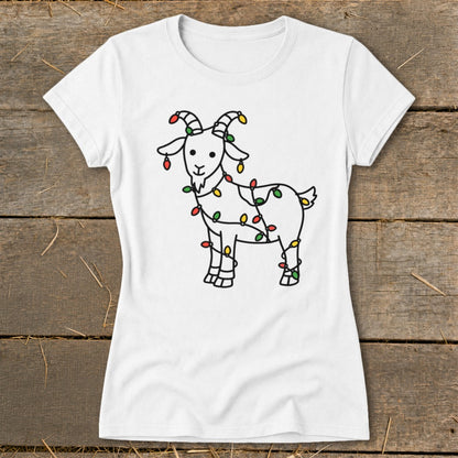 White t-shirt with cartoon goat wrapped in colorful Christmas lights.