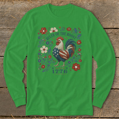 Rooster with American flag pattern and "Ruler of the Roost Since 1776" text.