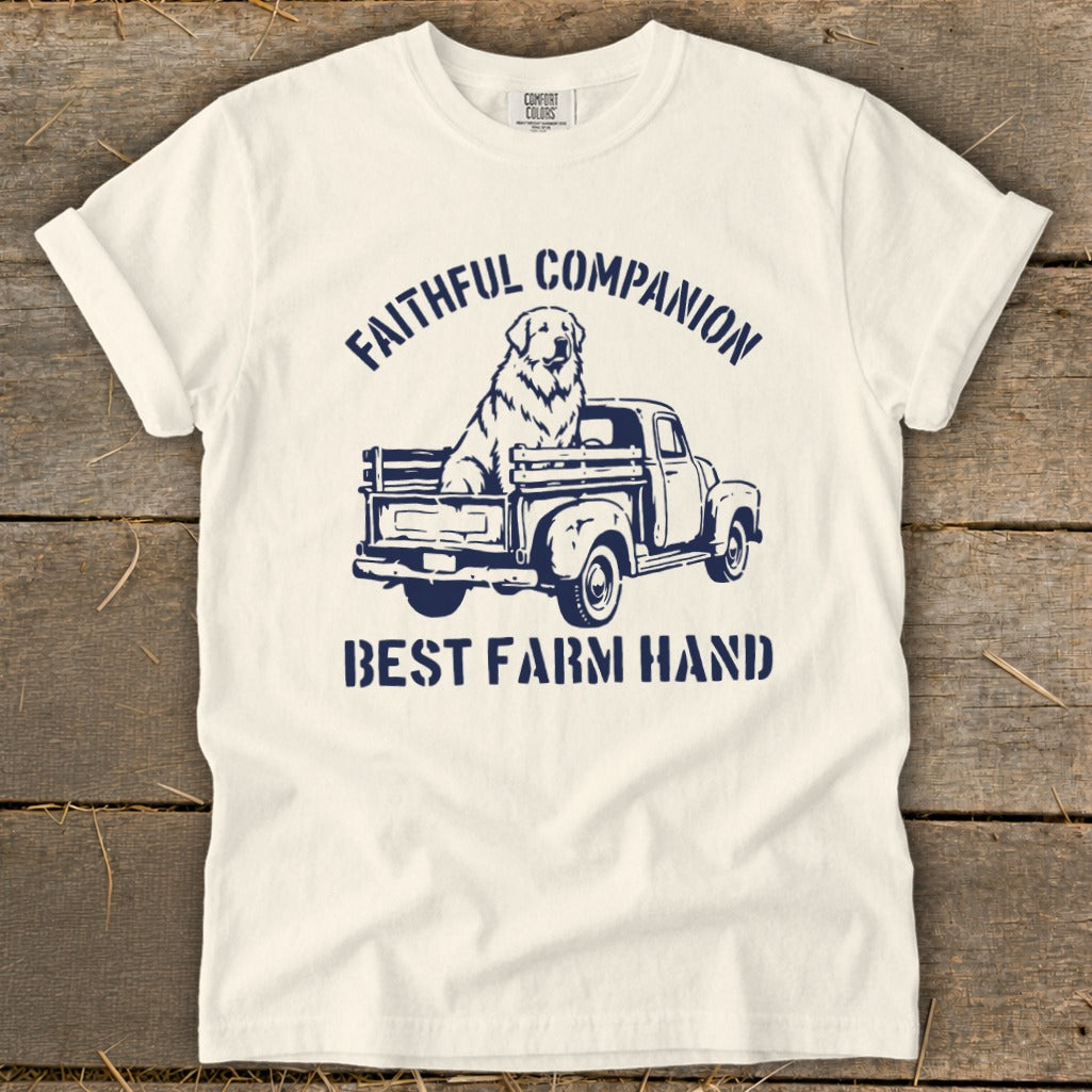 T-shirt with navy blue graphic of a dog in a vintage truck. "FAITHFUL COMPANION" and "BEST FARM HAND".