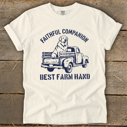 T-shirt with navy blue graphic of a dog in a vintage truck. "FAITHFUL COMPANION" and "BEST FARM HAND".