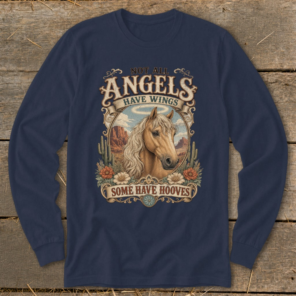 Navy long sleeve shirt with a horse and desert scene, reading "Not all angels have wings, some have hooves."