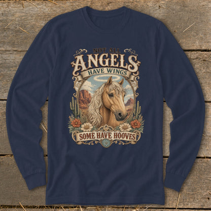 Navy long sleeve shirt with a horse and desert scene, reading "Not all angels have wings, some have hooves."