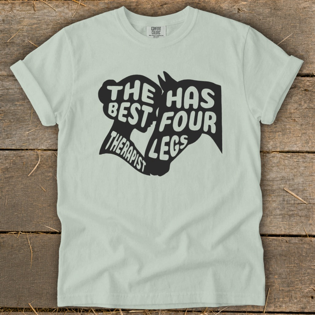 Light green t-shirt with black text "The best therapist has four legs" and horse head graphic.