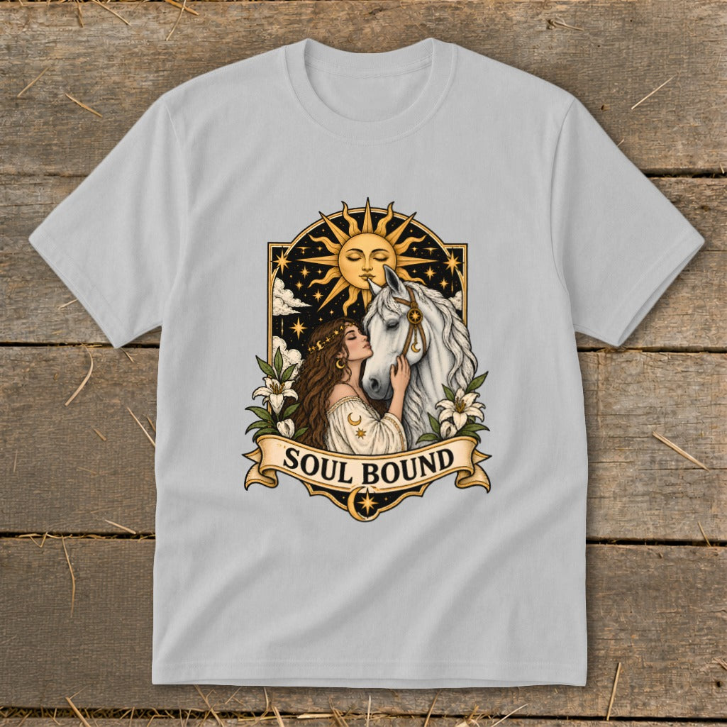 Woman with horse and sun graphic, "Soul Bound" text on a light grey t-shirt.