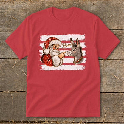 Santa booping a donkey with "Boop" text on a striped background.