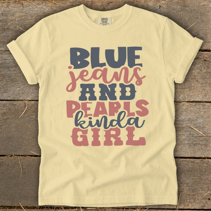 Yellow t-shirt with "BLUE jeans AND PEARLS kinda GIRL" text.