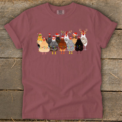 T-shirt with cartoon chickens wearing Santa hats and holiday lights.