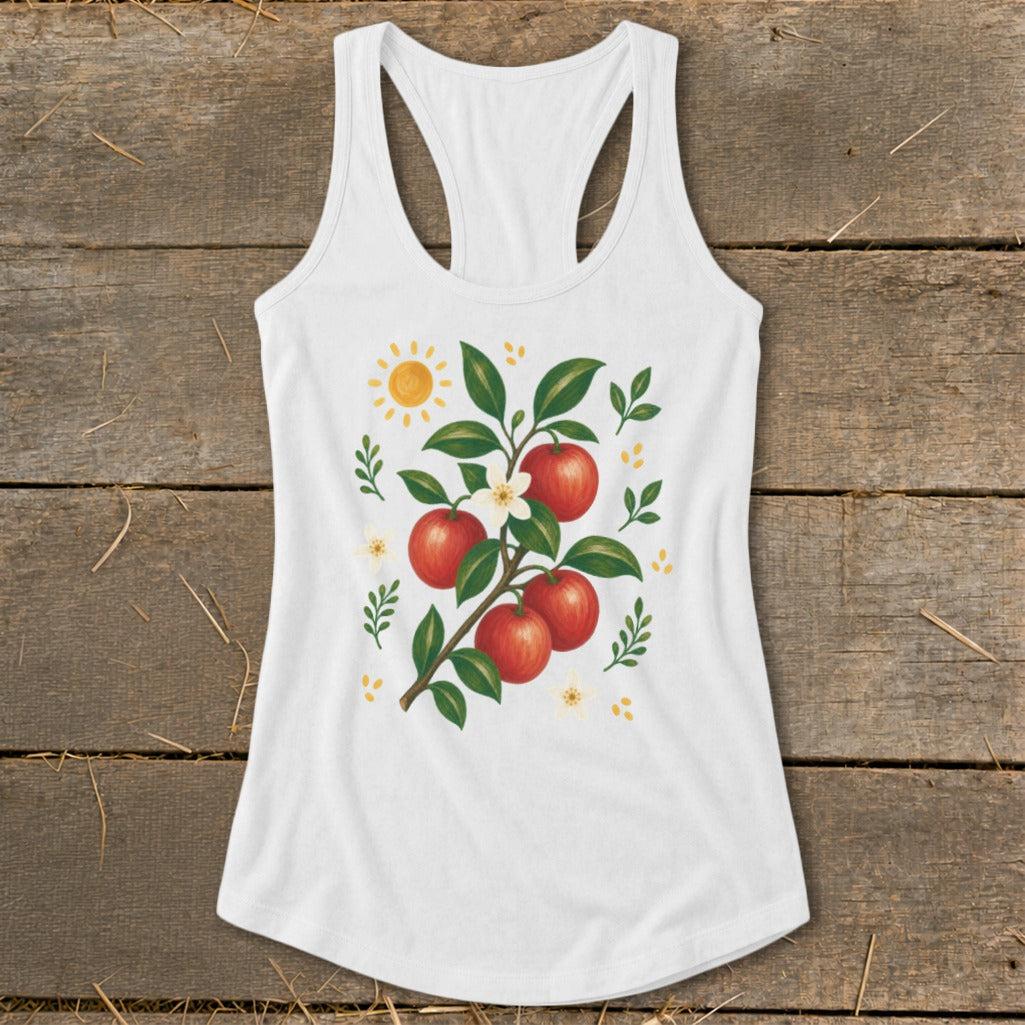 White tank top with a printed design of apples, leaves, flowers, and a sun.