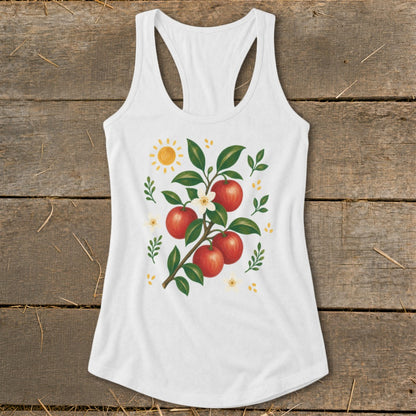 White tank top with a printed design of apples, leaves, flowers, and a sun.