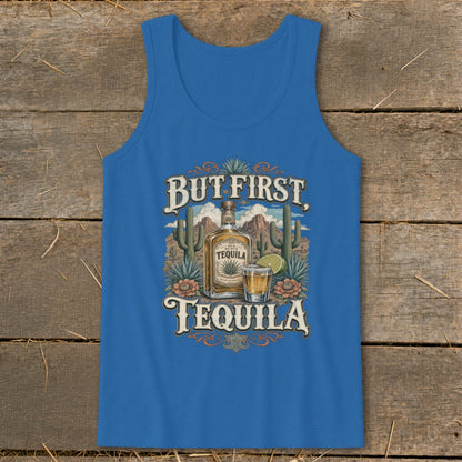 Blue tank top with "But First, Tequila" text, a tequila bottle, and a shot glass.