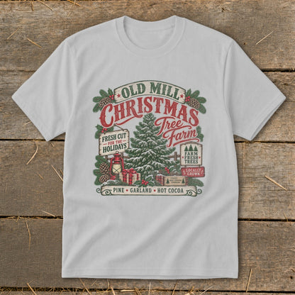 Old Mill Christmas Tree Farm design with pine, garland, and hot cocoa.