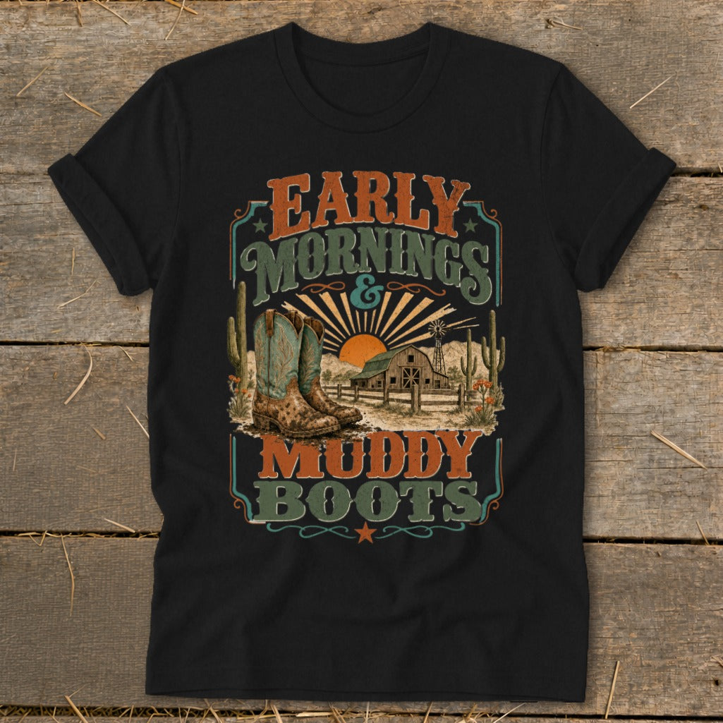 Black t-shirt with "Early Mornings & Muddy Boots" text and Western graphic.