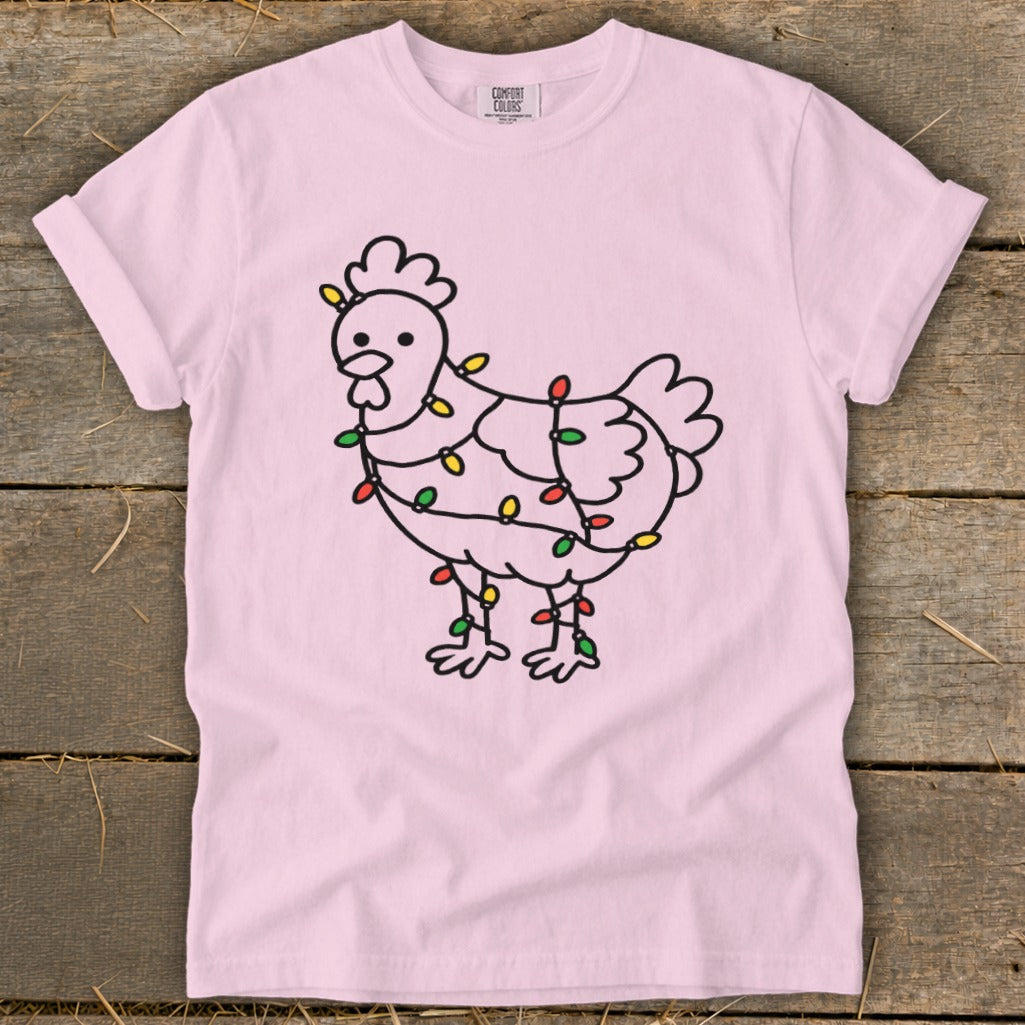 Pink t-shirt with black outline of chicken wrapped in colorful Christmas lights.