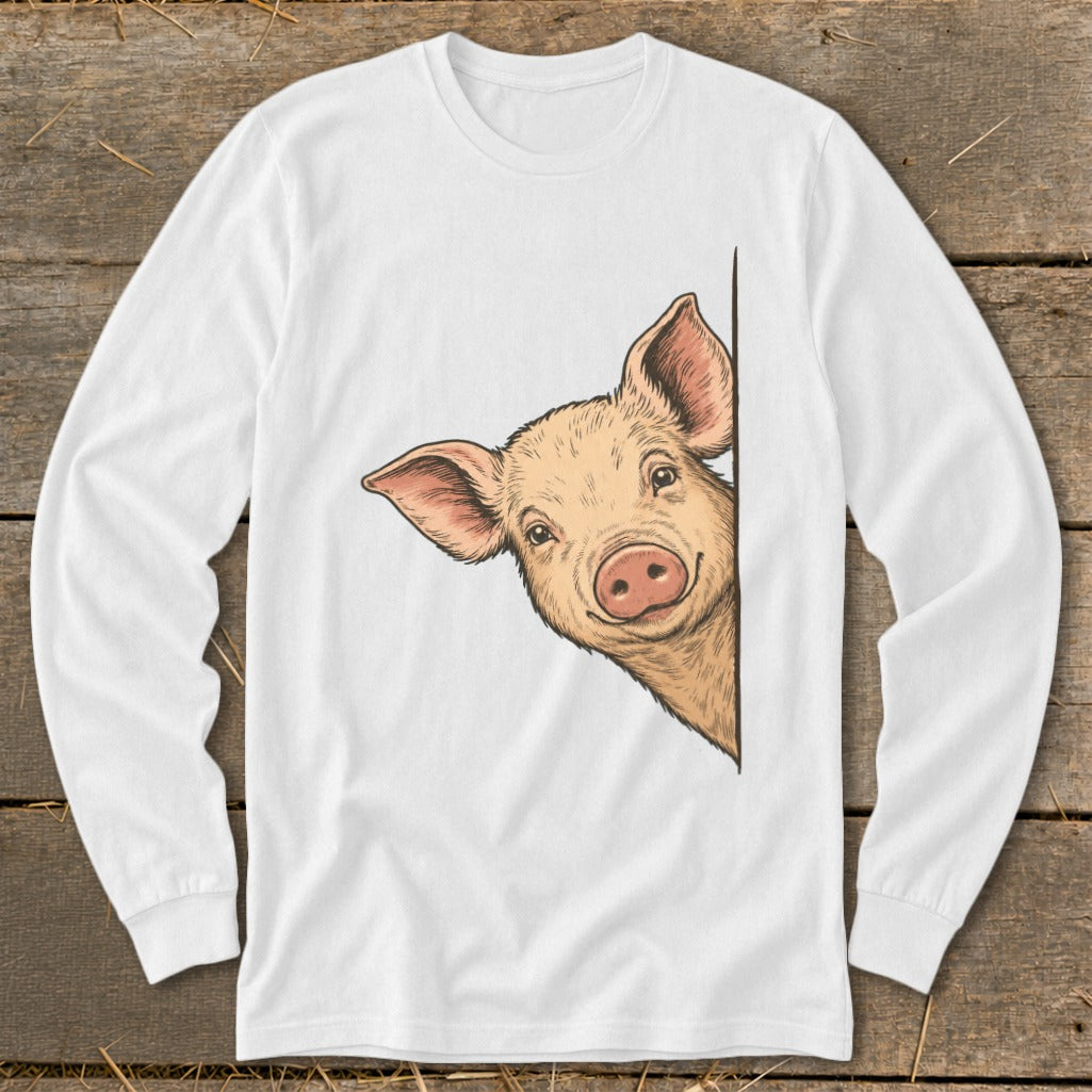 Illustration of a peeking pig on a white long-sleeve shirt.
