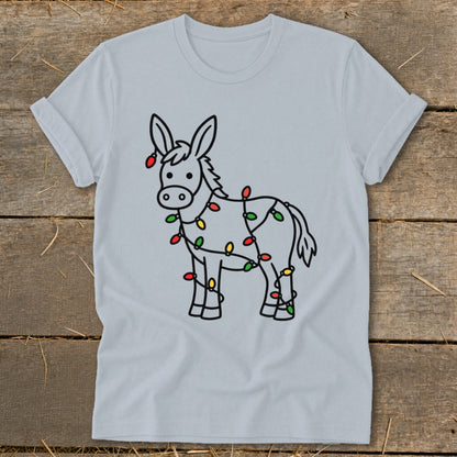 Light grey t-shirt with a cartoon donkey wrapped in colorful Christmas lights.
