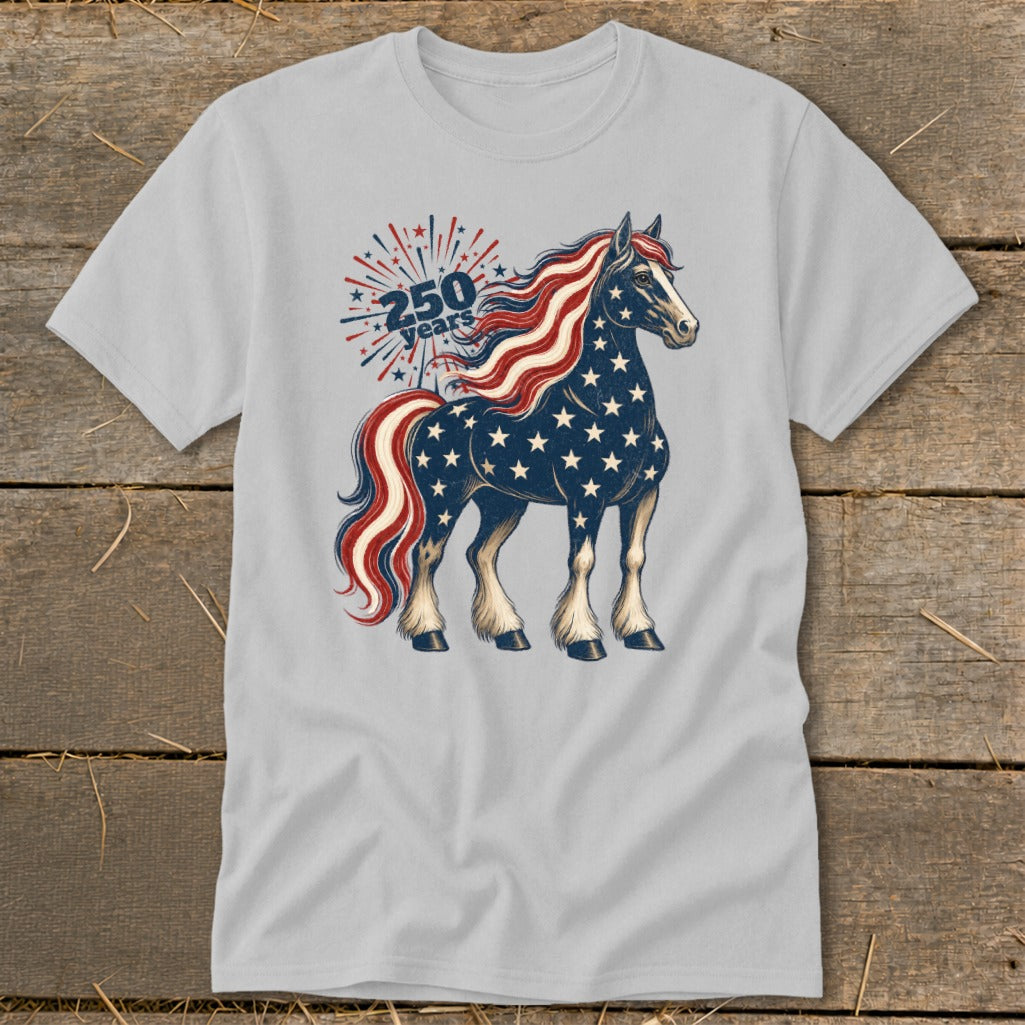 Horse graphic with American flag stars and stripes, text "250 years".