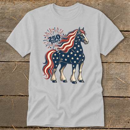 Horse graphic with American flag stars and stripes, text "250 years".