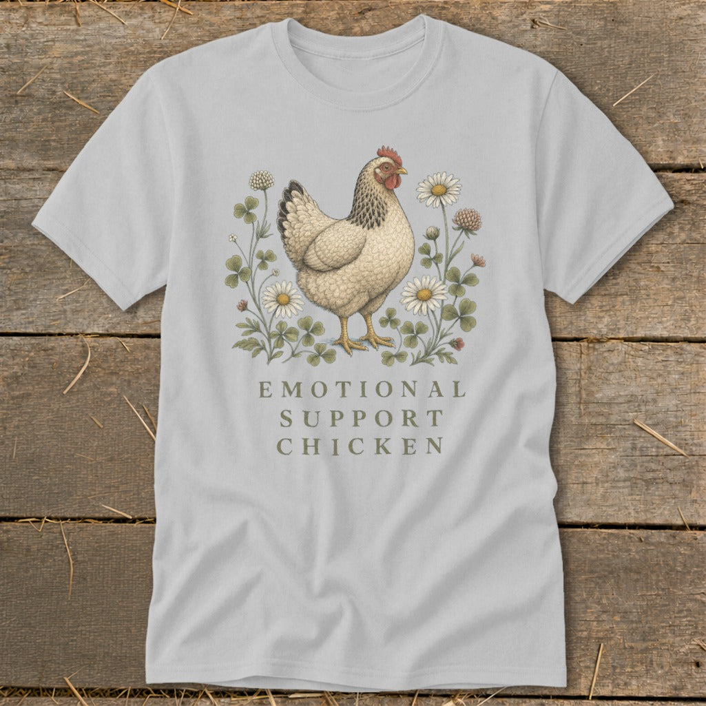 Light gray t-shirt with an illustration of a chicken among flowers and text.