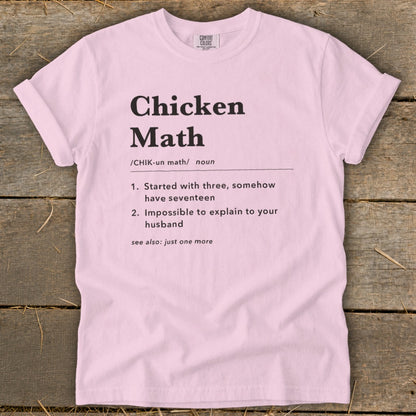 Pink t-shirt with "Chicken Math" definition: Started with three, somehow have seventeen.