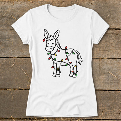 White t-shirt with a black outline drawing of a donkey wrapped in colorful Christmas lights.
