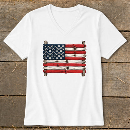 White V-neck t-shirt featuring a rustic American flag made of painted wooden planks and horseshoes.