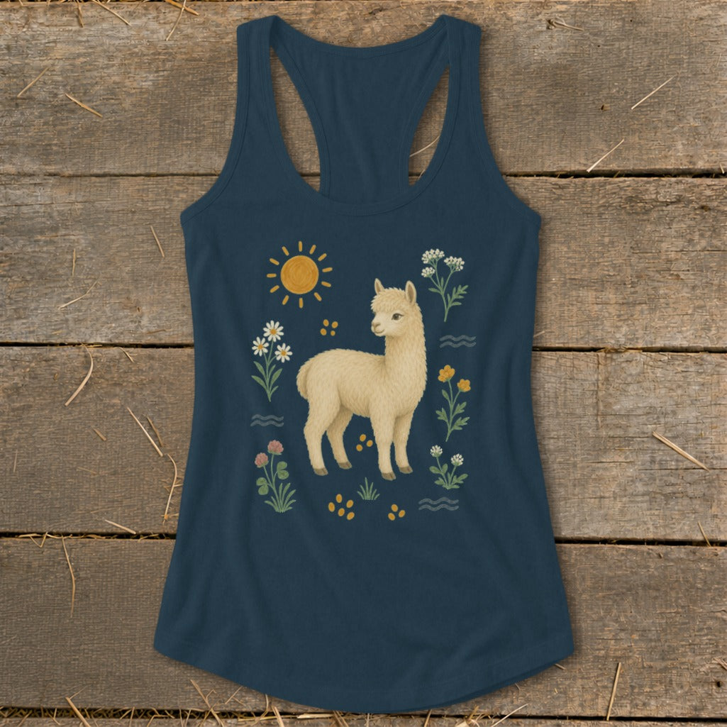 Navy tank top with a cream alpaca and floral graphic.