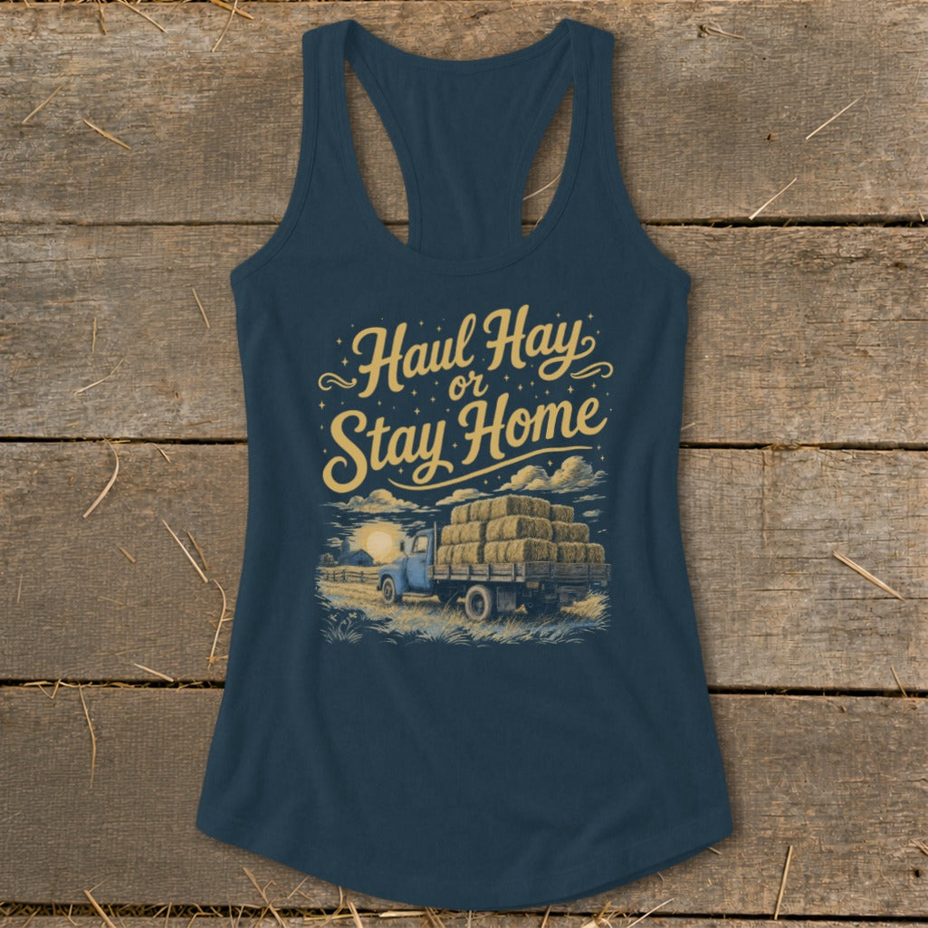 Dark blue tank top with "Haul Hay or Stay Home" text and truck loaded with hay.