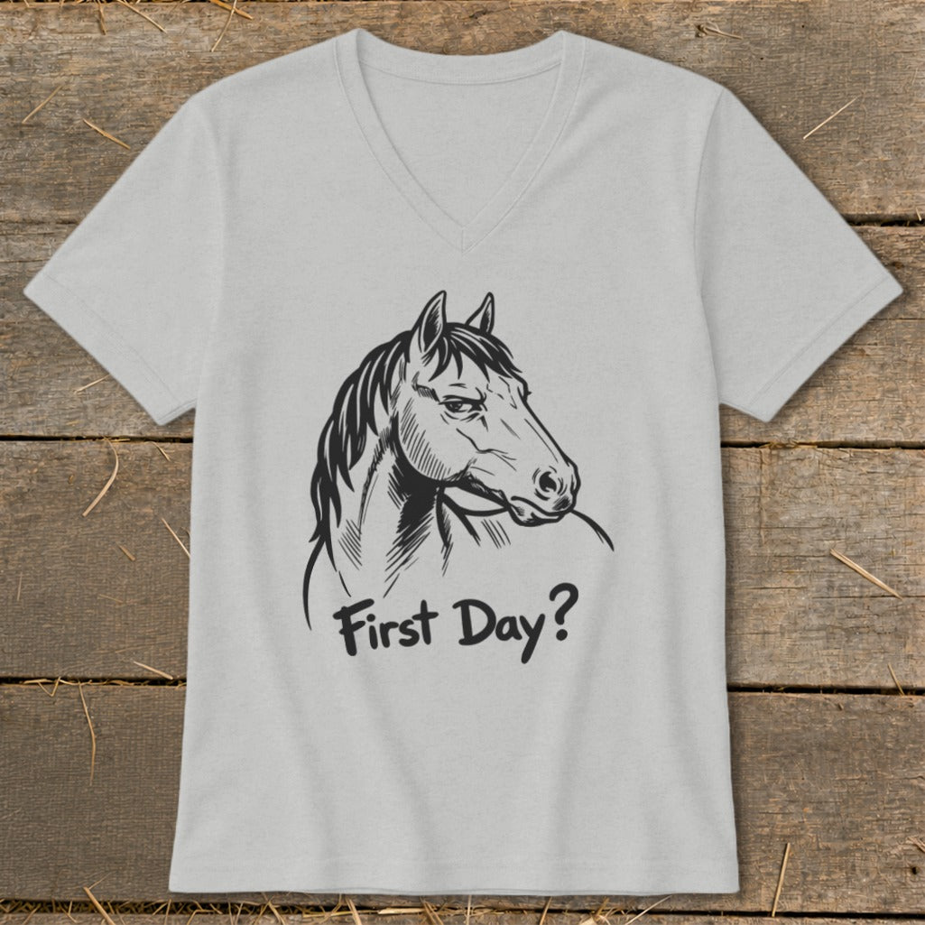 Light gray v-neck t-shirt with black horse head sketch and "First Day?" text.