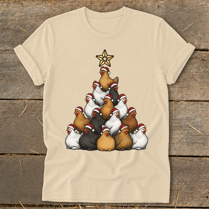 Beige t-shirt with a Christmas tree made of chickens wearing Santa hats.