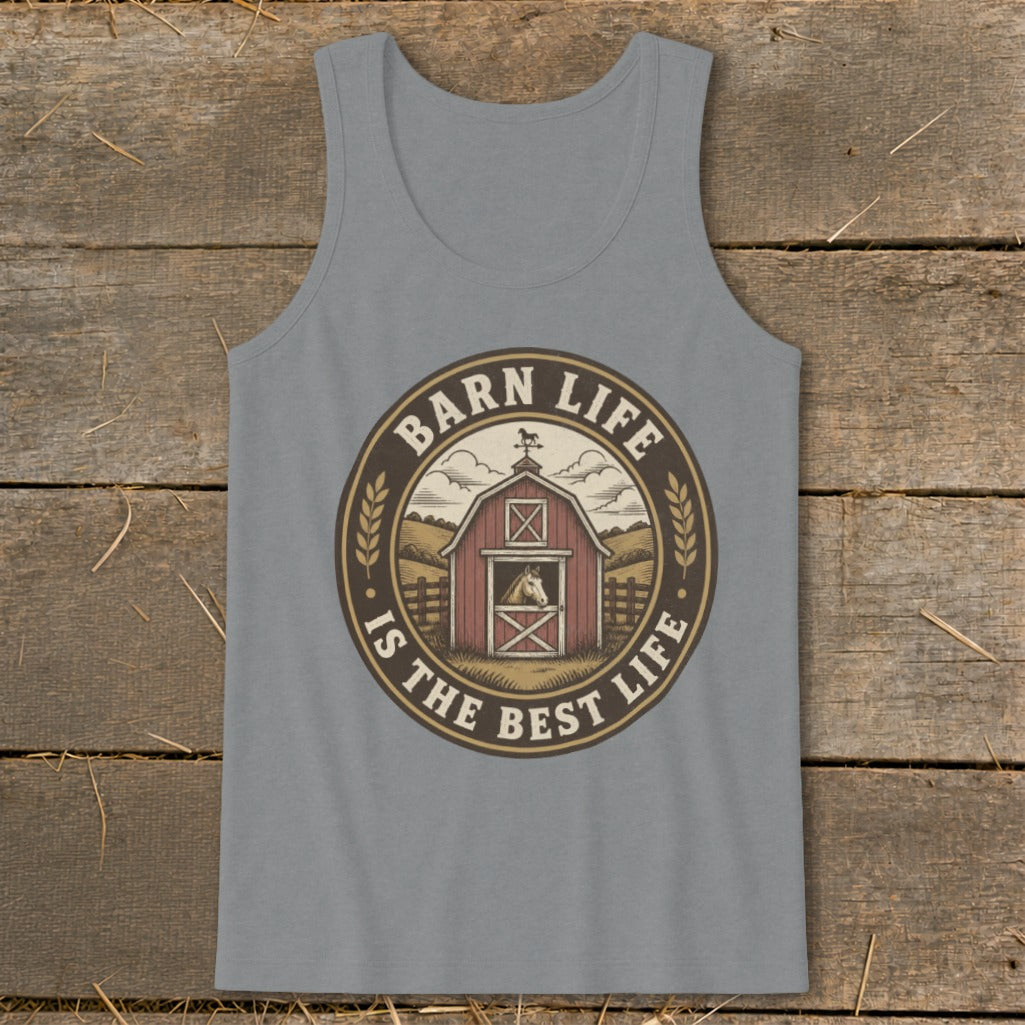 Barn Life is the best life graphic with red barn and horse on gray tank top.