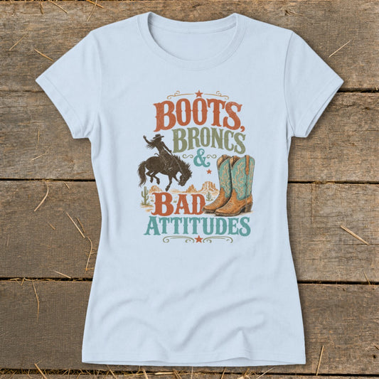 Light blue t-shirt with "Boots, Broncs & Bad Attitudes" graphic.