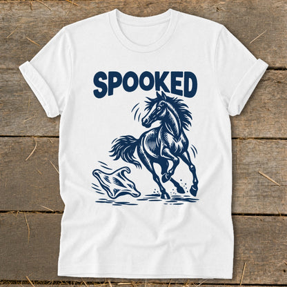 White t-shirt with navy graphic of a startled horse and the word "SPOOKED".