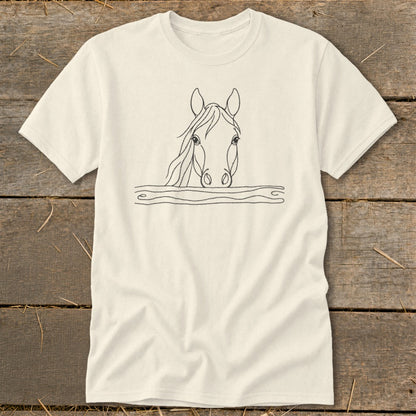 Cream t-shirt with a minimalist line drawing of a horse's head peeking over a fence.