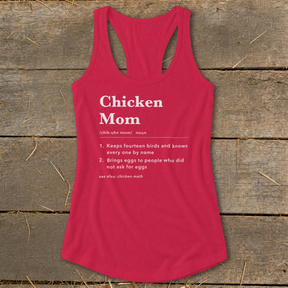 Red tank top with "Chicken Mom" definition and funny chicken-related phrases.