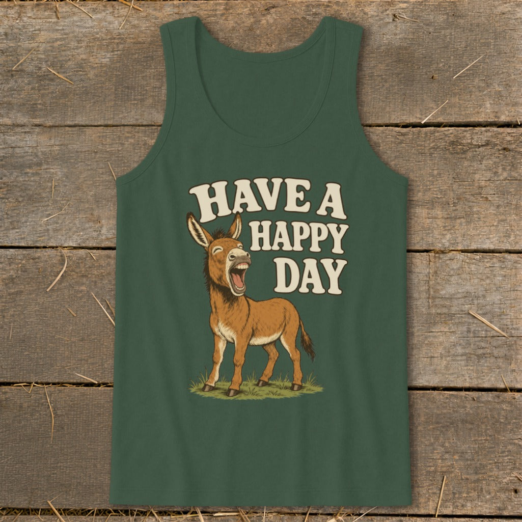 Green tank top with a laughing donkey and the text "HAVE A HAPPY DAY".