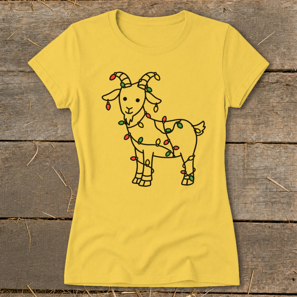 Yellow t-shirt with a line drawing of a goat covered in colorful Christmas lights.