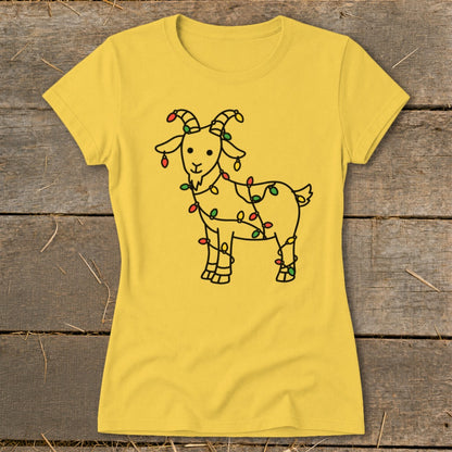 Yellow t-shirt with a line drawing of a goat covered in colorful Christmas lights.
