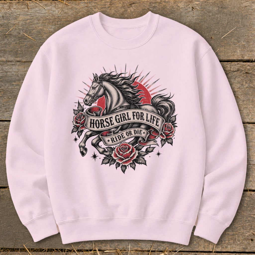 Pink crewneck sweatshirt with a horse, roses, and banner text "Horse Girl for Life, Ride or Die".