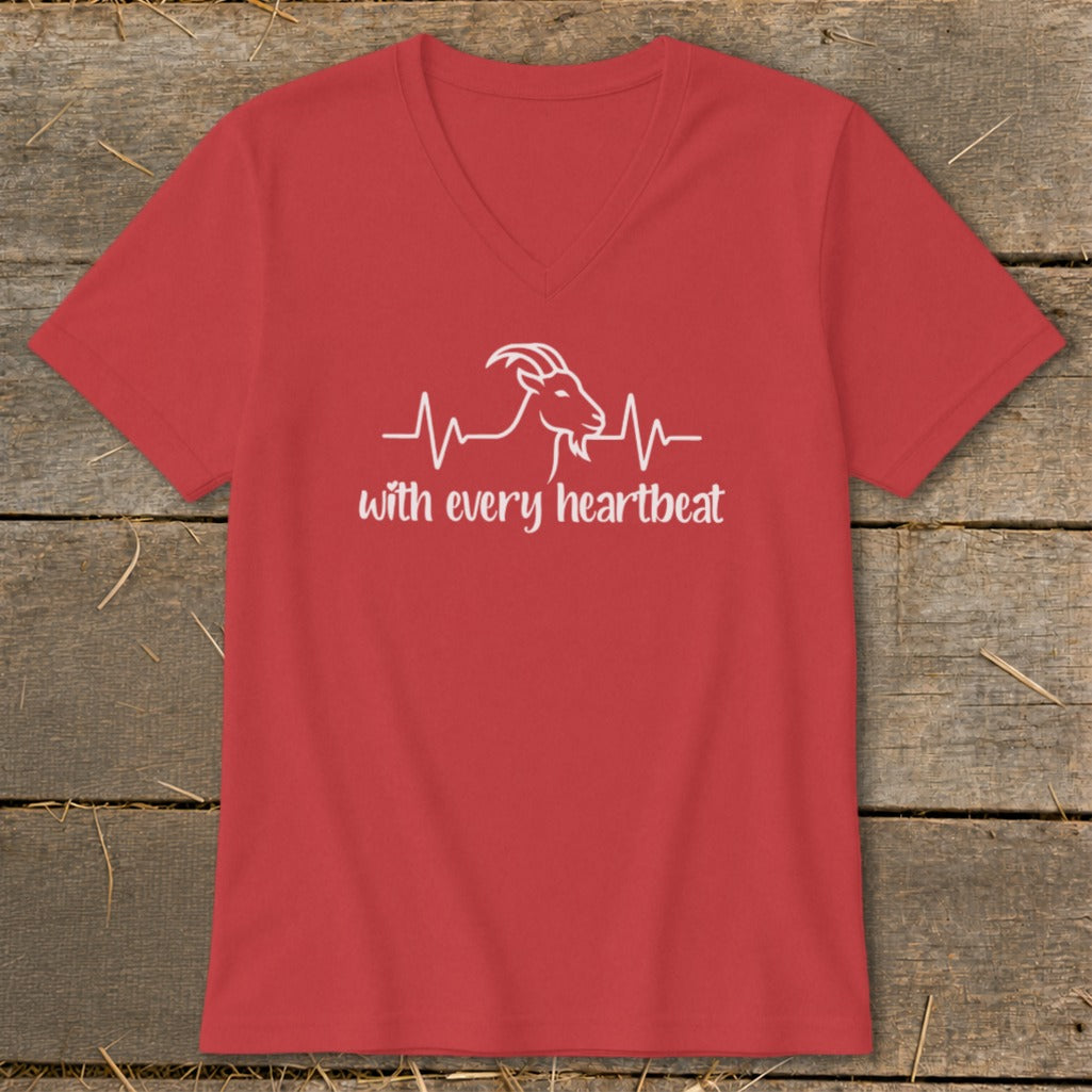 Red v-neck t-shirt with white goat heartbeat graphic and text.
