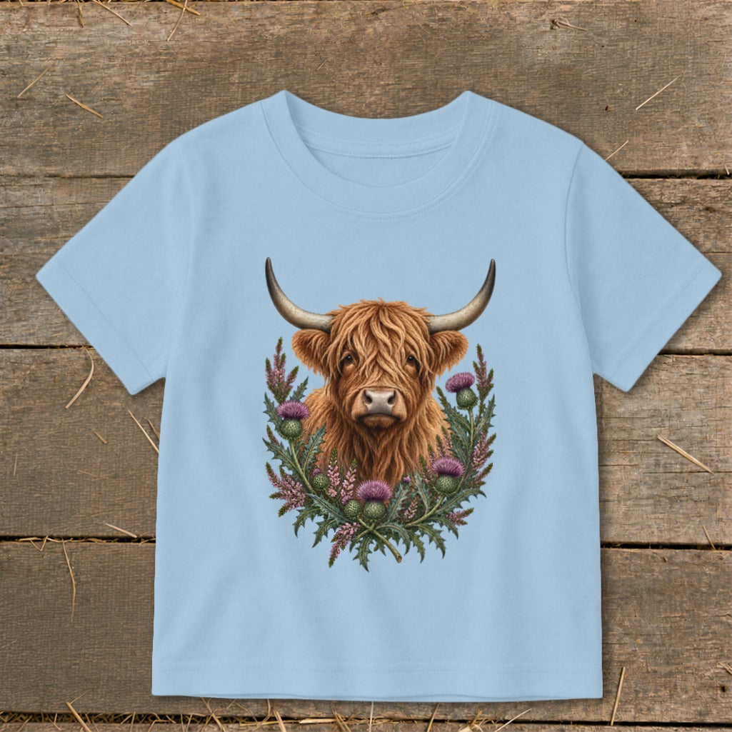 Light blue t-shirt with a brown Highland cow surrounded by thistles.