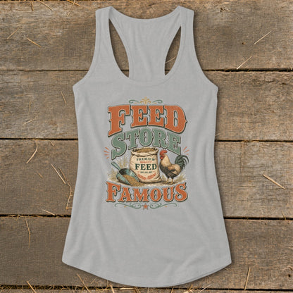 Grey tank top with "Feed Store Famous" text, a rooster, and a bag of feed.