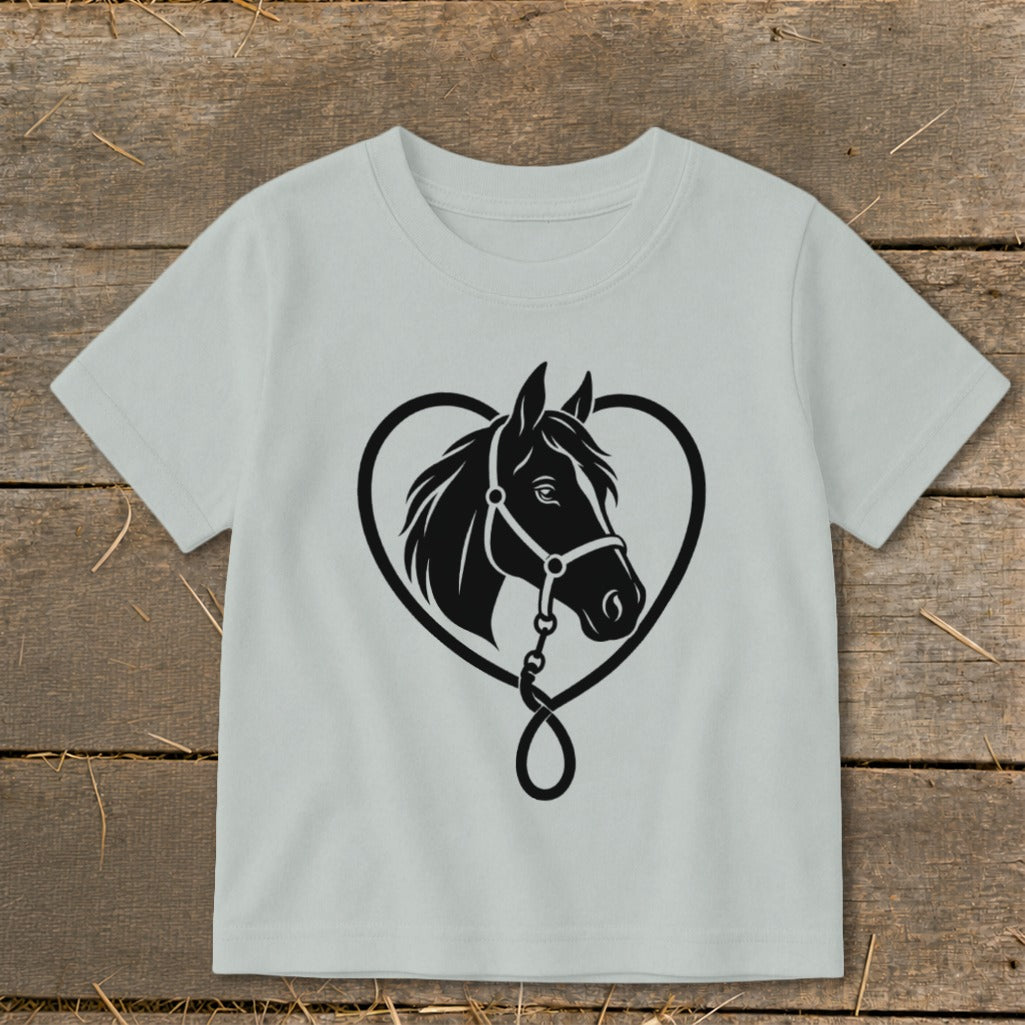 Light gray short-sleeved children's t-shirt featuring a black graphic of a horse's head inside a heart shape.