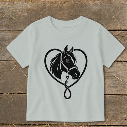 Light gray short-sleeved children's t-shirt featuring a black graphic of a horse's head inside a heart shape.
